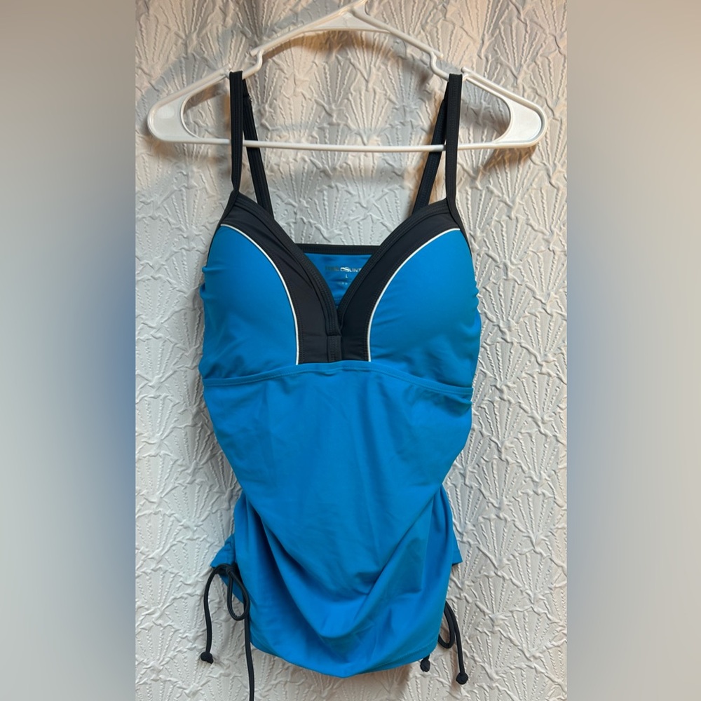 Free Country Large Blue and Charcoal Swimsuit Top with Adjustable Straps